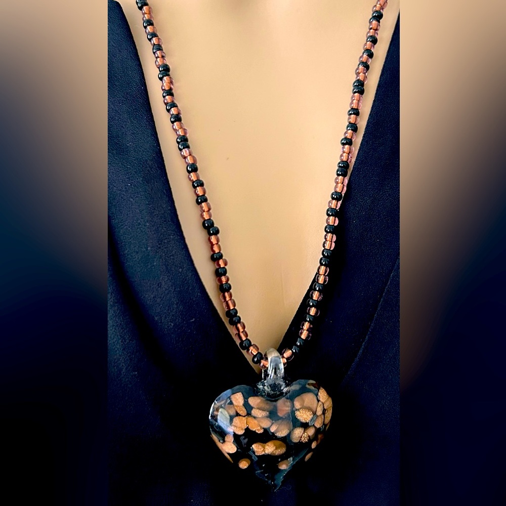 Handmade Black & Copper Glass Beaded Necklace with Murano Glass Heart Pendant